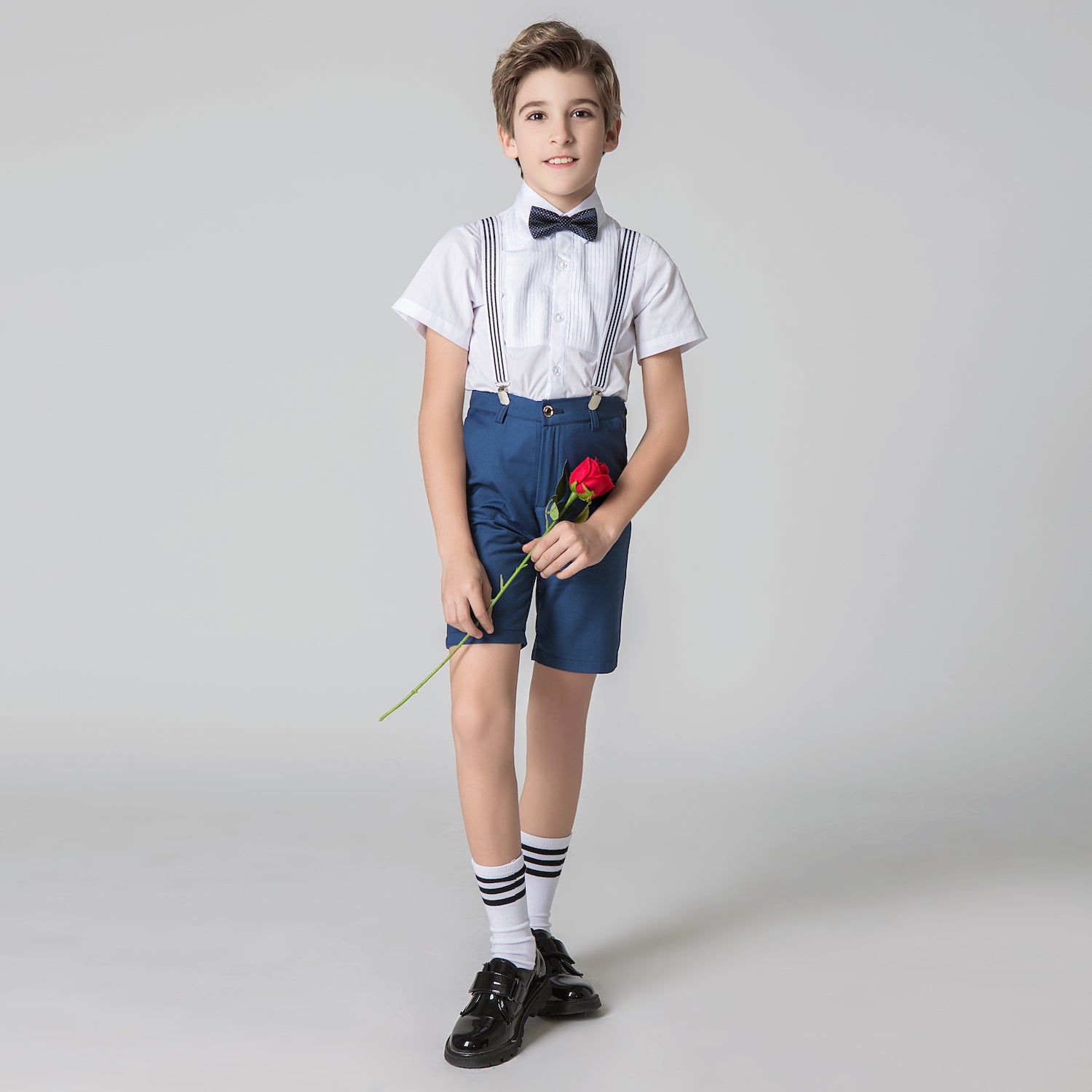 Blue 4 Piece Kids Boys' Formal Party Dress Suits Set With Suspenders