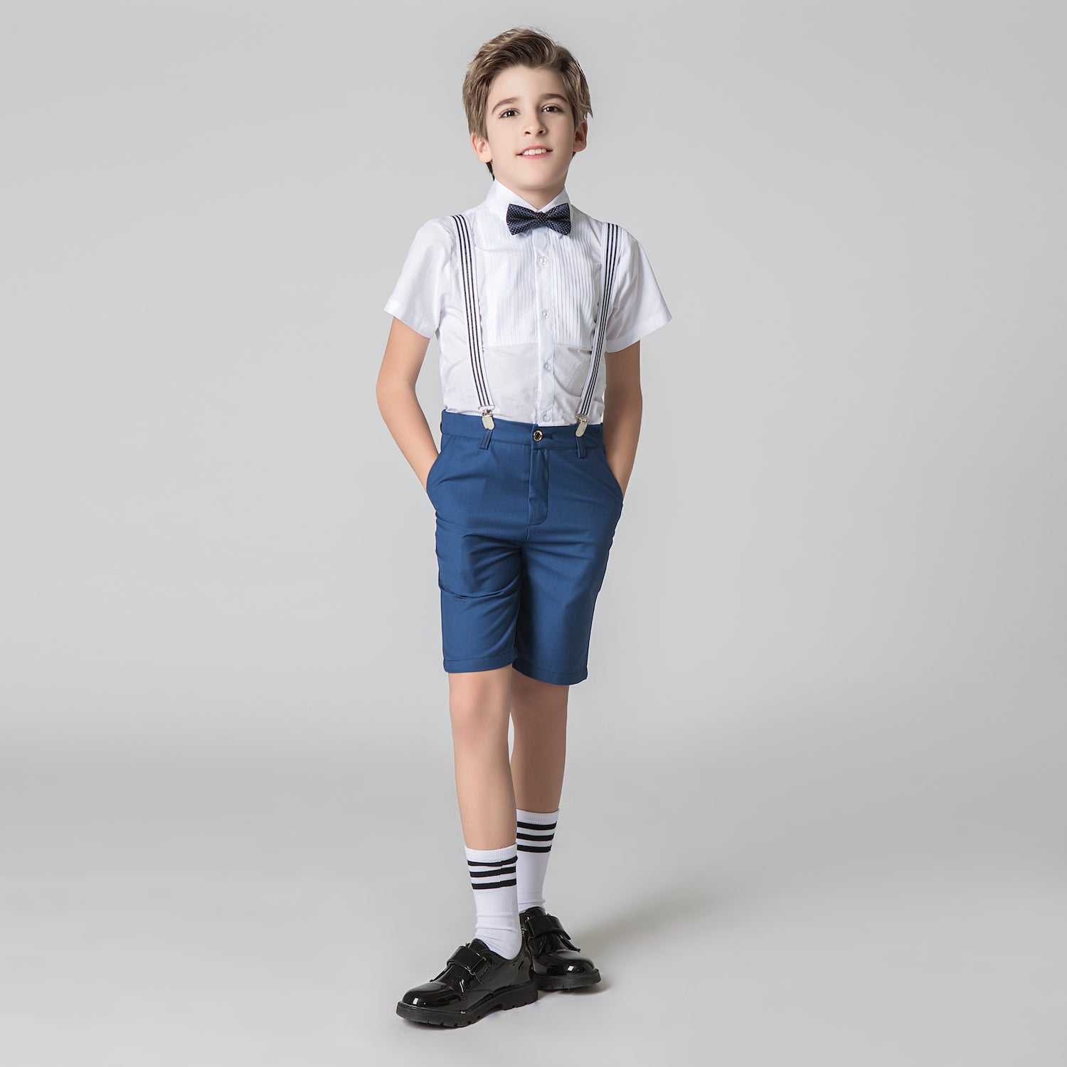 Blue 4 Piece Kids Boys' Formal Party Dress Suits Set With Suspenders