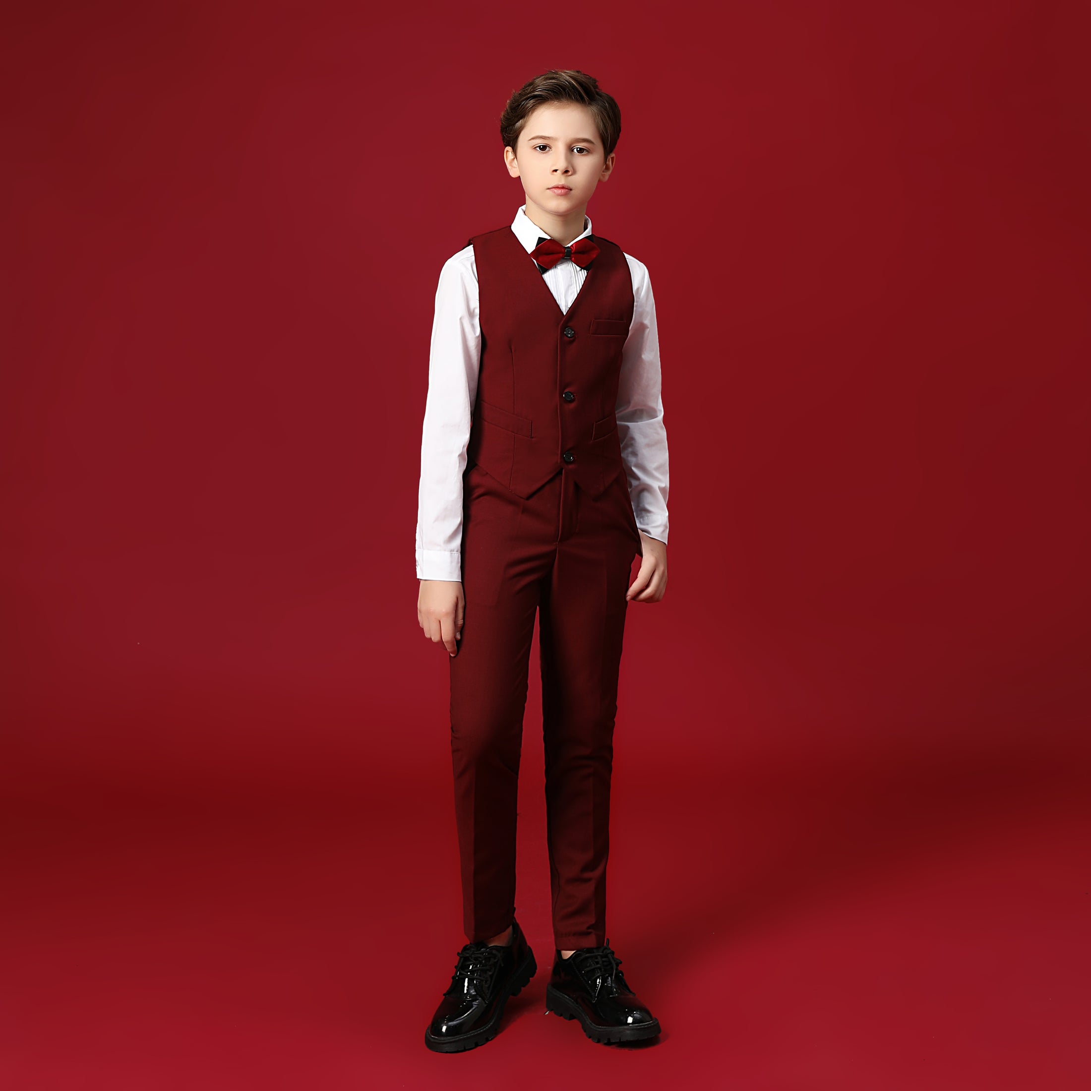 Burgundy Custom Fit Slim 4 Piece Boy's Formal Suits With Vest+Pants+Shirt+Tie