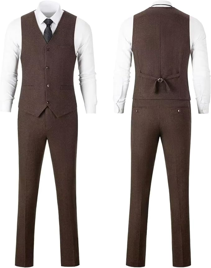 Retro Tweed Herringbone Long Blazer 3 Pieces Mens Suits 3690