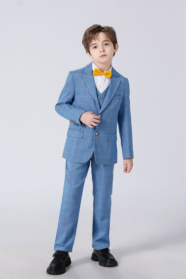 Light Blue Plaid Elegant Formal 5 Piece Boys Suits
