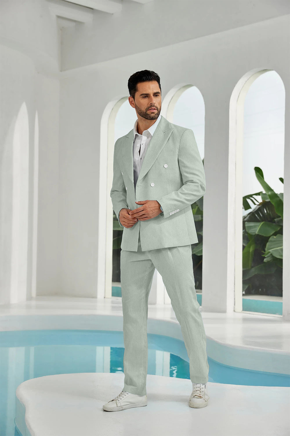 Seersucker Double Breasted Blazer Pants 2 Piece Men's Summer Suit