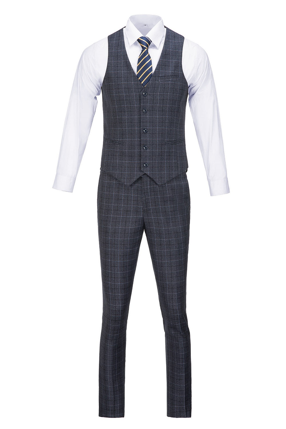 Dark Grey Plaid Men's 3 Piece Set for Party, Wedding and Business