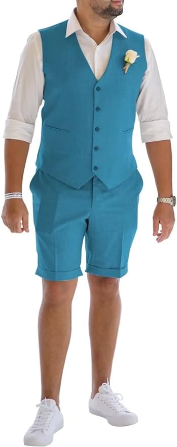 Men's Linen Summer Suits 2 Piece Causal Suits Vest and Shorts Tailored Fit 2024