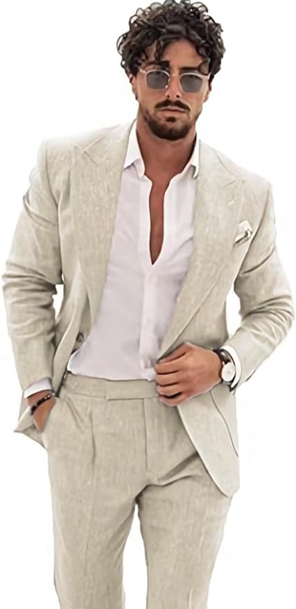 Summer Casual Linen Men's  2 Piece Suit Blazer Pants Set