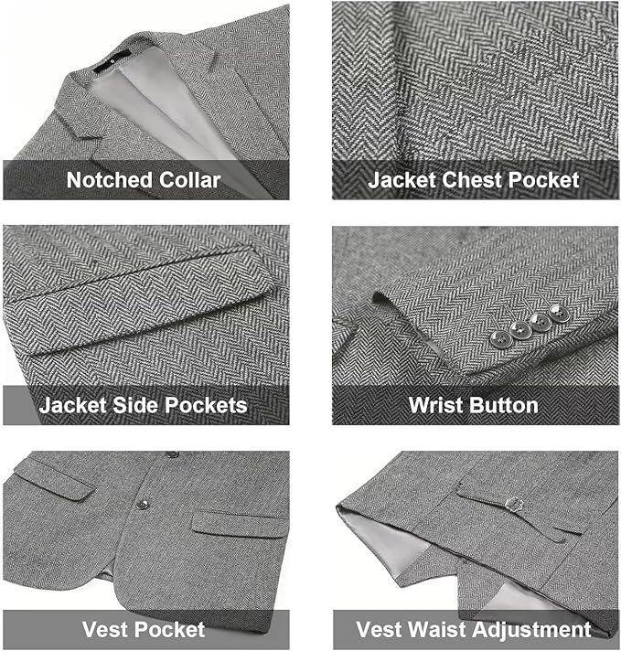 Retro Tweed Herringbone Slim Fit Notch Lapel Tuxedos Set Prom 3 Piece Men's Suit