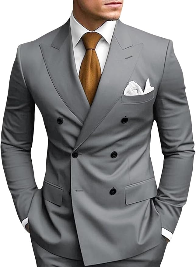 Double Breasted Peak Lapel 2 Piece Mens Slim Fit Suit