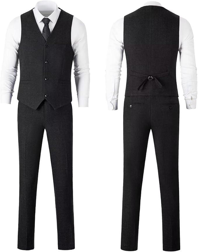 Retro Tweed Herringbone Slim Fit Notch Lapel Tuxedos Set Prom 3 Piece Men's Suit