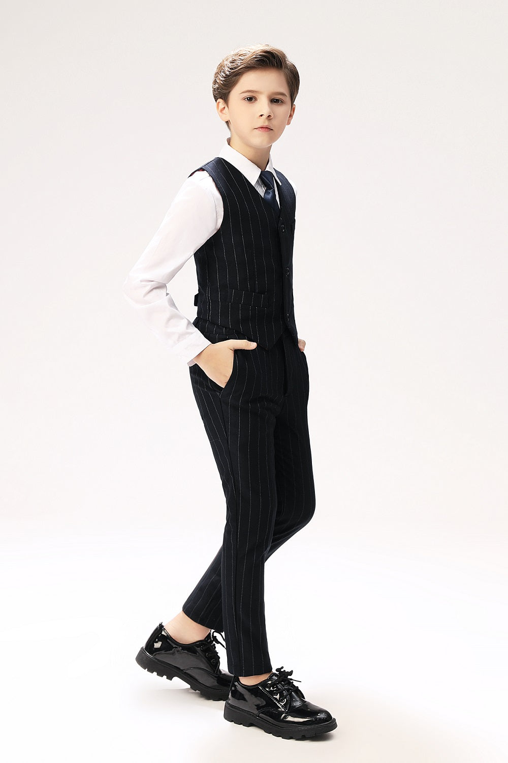 Navy Striped Slim Fit Modern 5 Piece Boy's Formal Suits