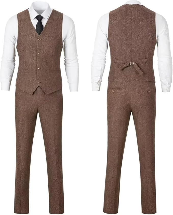 Retro Tweed Herringbone Long Blazer 3 Pieces Mens Suits 3690