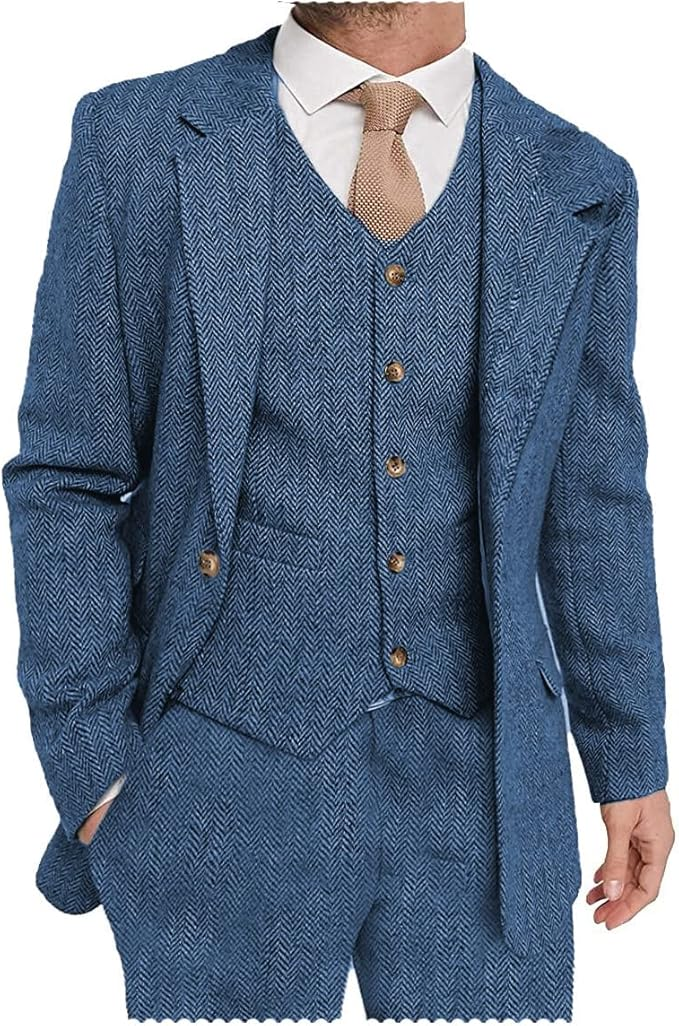 Mens Suit 3 Pieces Formal Tweed Herringbone Dress Suit Notch Lapel Dress