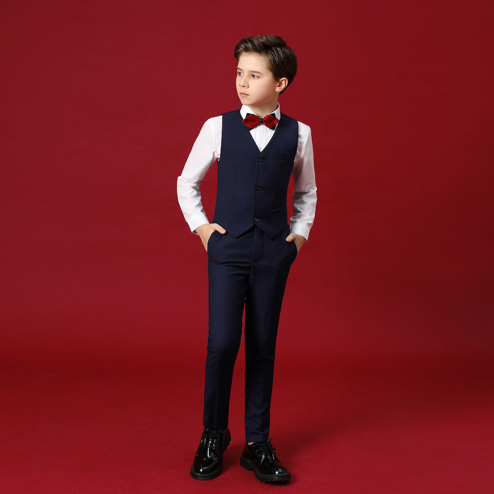 Navy Fit Slim 4 Piece Boy's Formal Suits With Vest+Pants+Shirt+Tie