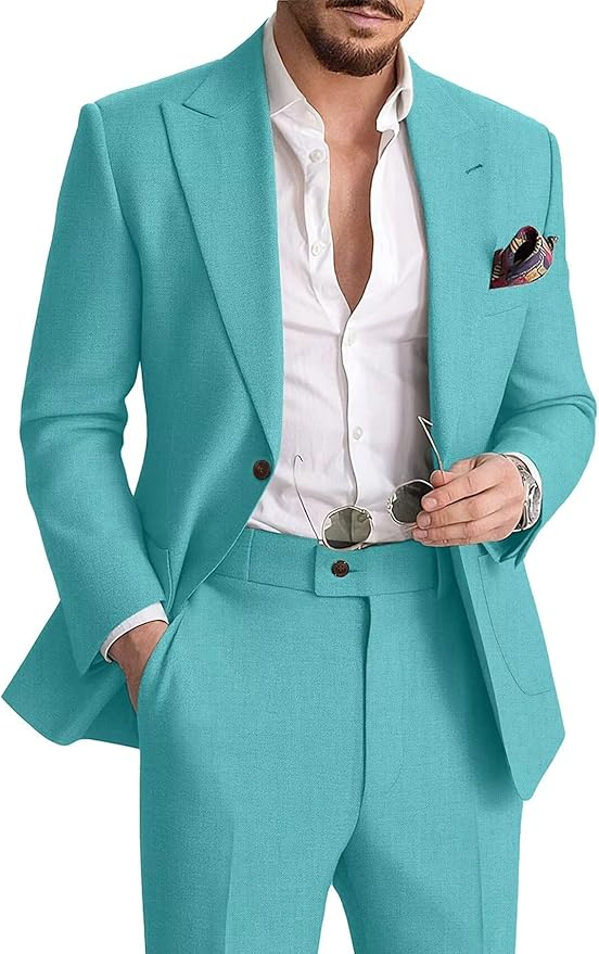 Men's Linen Suit Two-Piece Casual Suit Beach Wedding Party Blazer Pants Set