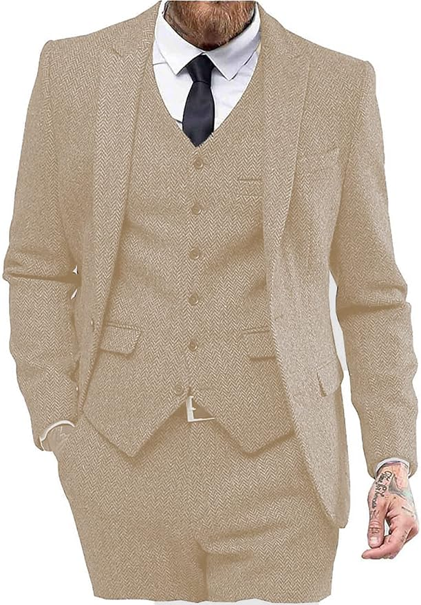 Mens Tweed Herringbone Wedding Suit Prom Tuxedos 3 Piece Peak Lapel Dress