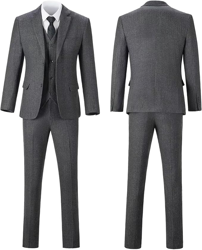 Retro Tweed Herringbone Slim Fit Notch Lapel Tuxedos Set Prom 3 Piece Men's Suit