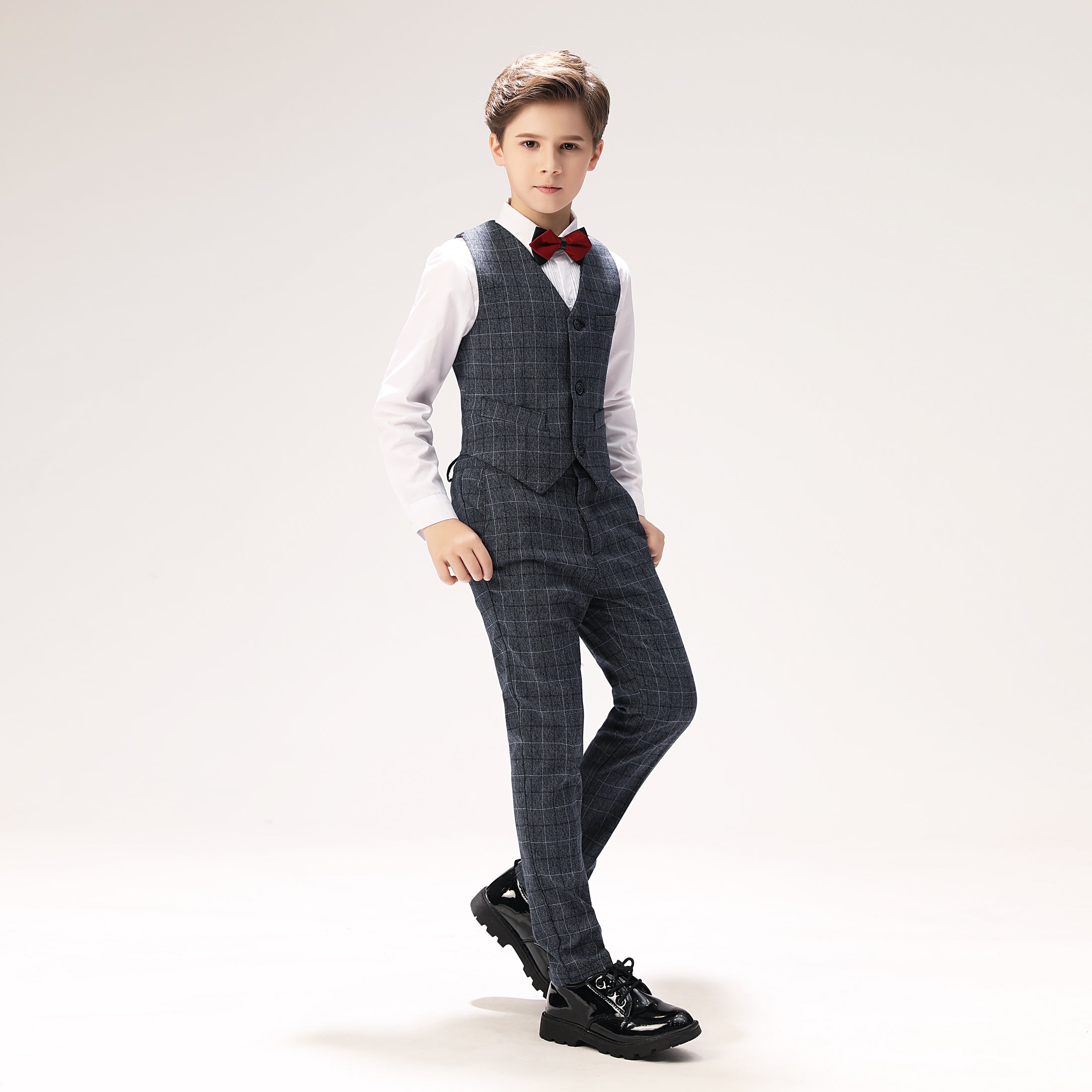 Grey Plaid Elegant 5 Piece Boys Suits