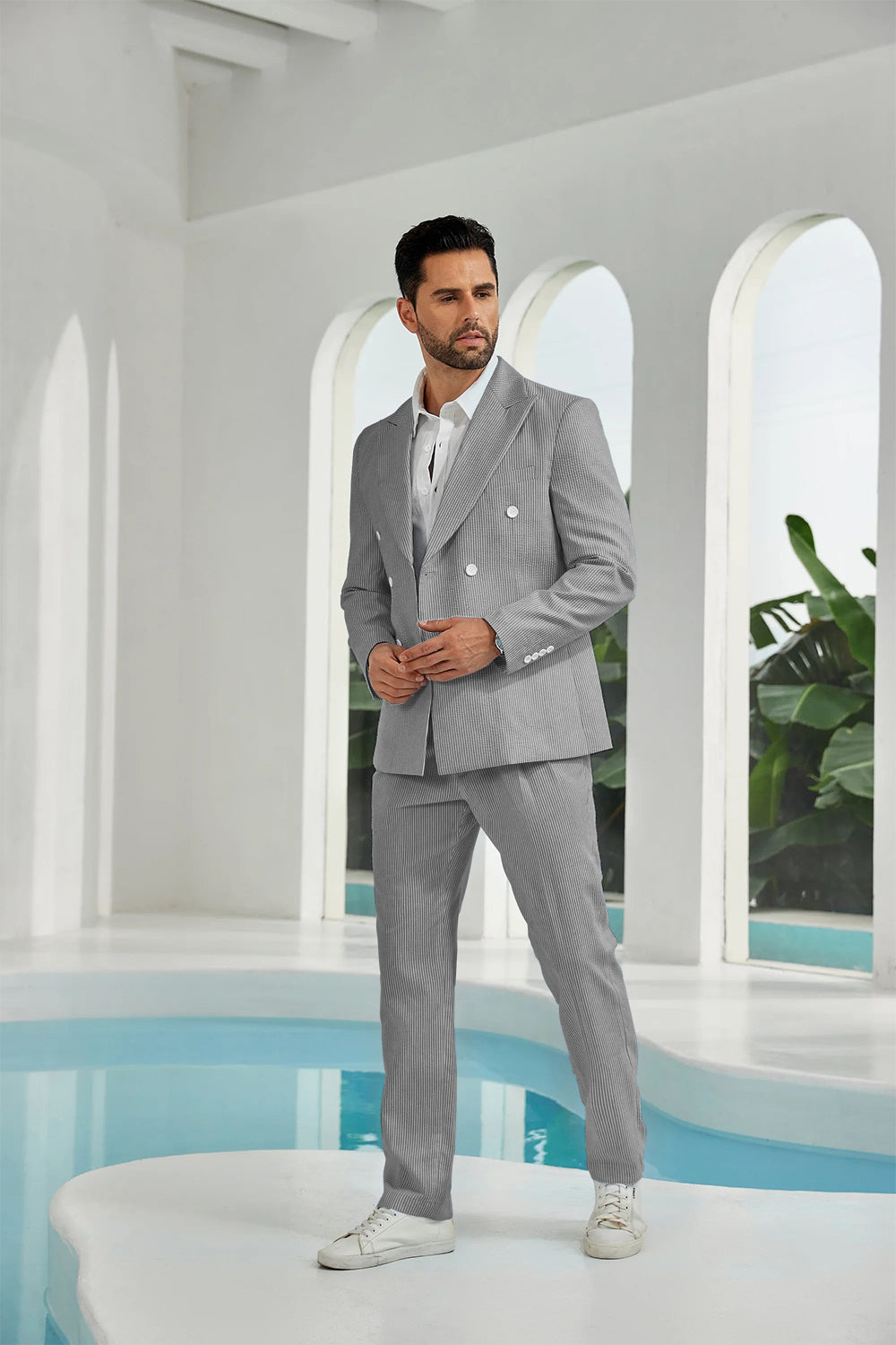 Seersucker Double Breasted Blazer Pants 2 Piece Men's Summer Suit