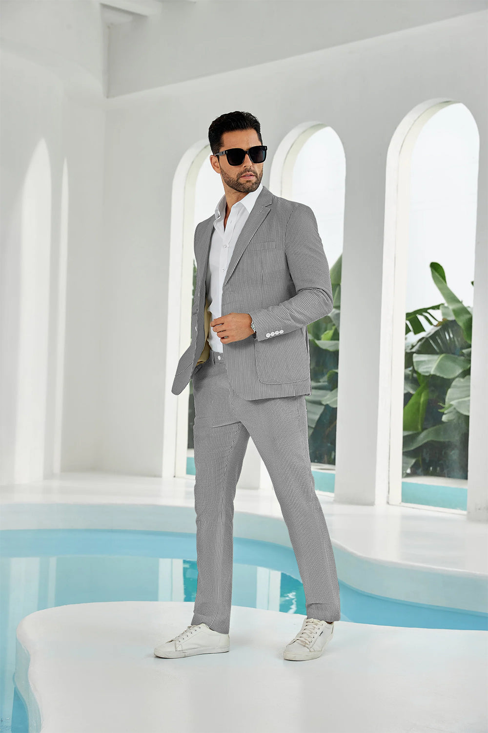 Seersucker Striped Blazer Pants 2 Piece Men's Summer Suit