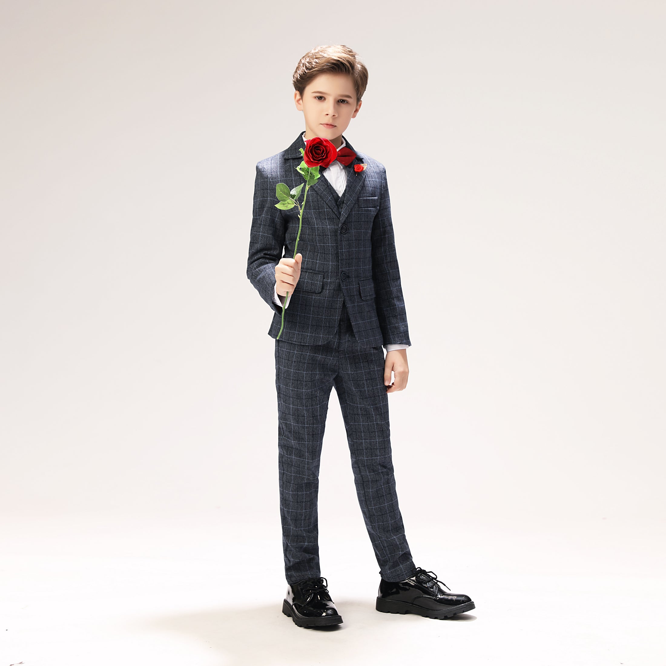 Grey Plaid Elegant 5 Piece Boys Suits