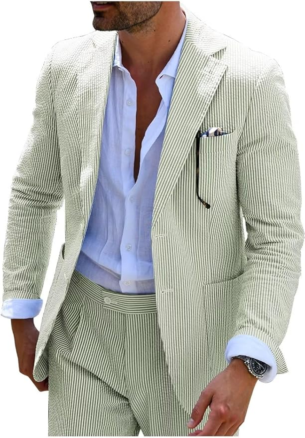 Seersucker Striped Blazer Pants 2 Piece Men's Summer Suit