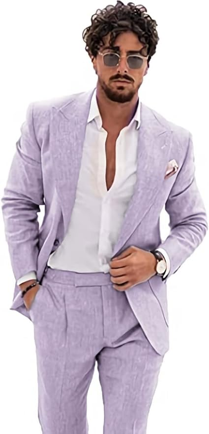 Summer Casual Linen Men's  2 Piece Suit Blazer Pants Set