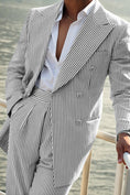 Charger l'image dans la visionneuse de la galerie, Seersucker Striped Long Blazer Pants 2 Piece Men's Summer Suit
