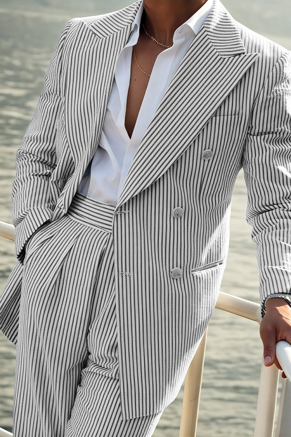 Seersucker Striped Long Blazer Pants 2 Piece Men's Summer Suit