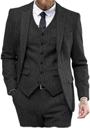 Mens Tweed Herringbone Wedding Suit Prom Tuxedos 3 Piece Peak Lapel Dress