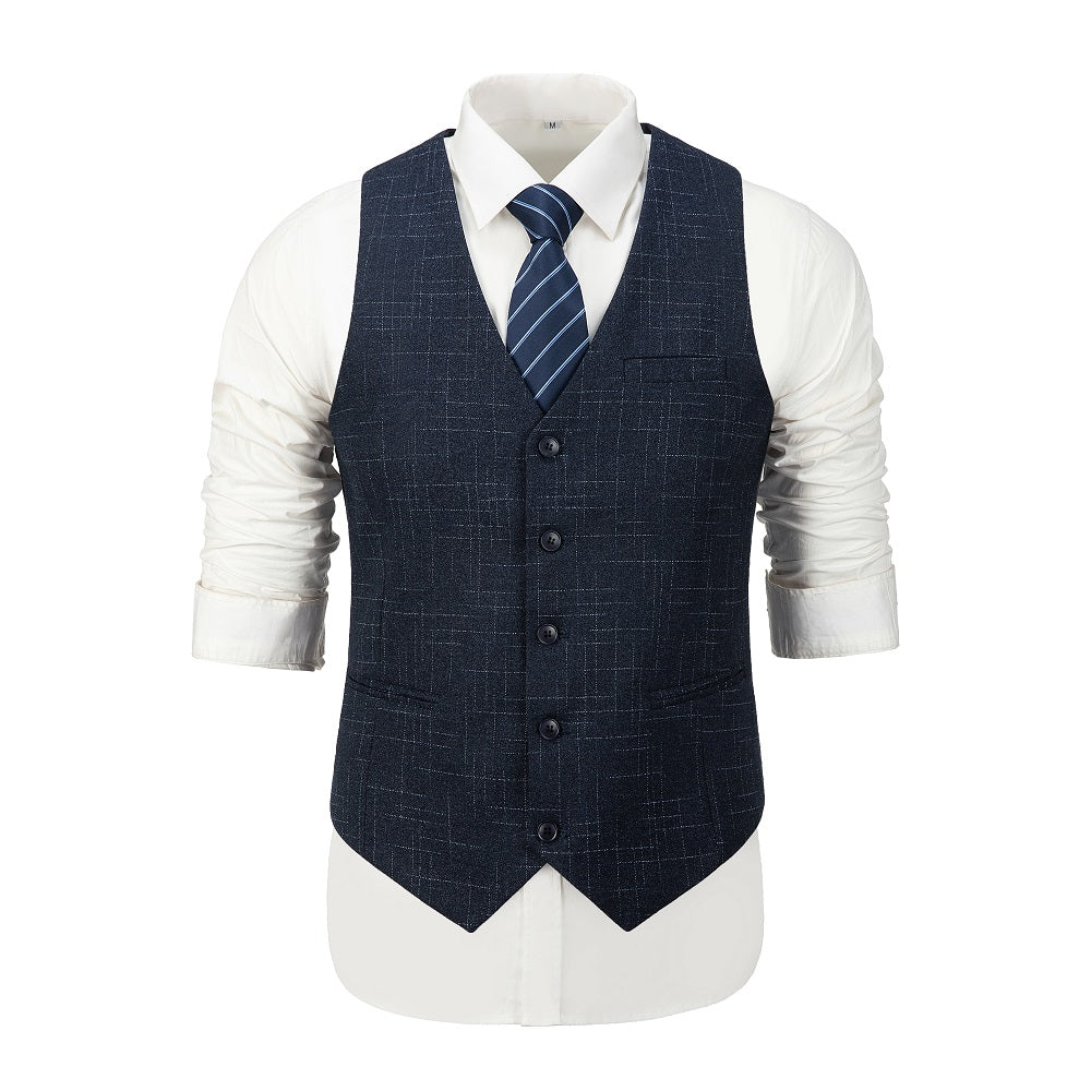 Navy Plaid Men's 3 Piece Slim Fit Suit Set Double Breasted Blazer Vest Pants for Party, Wedding and Business