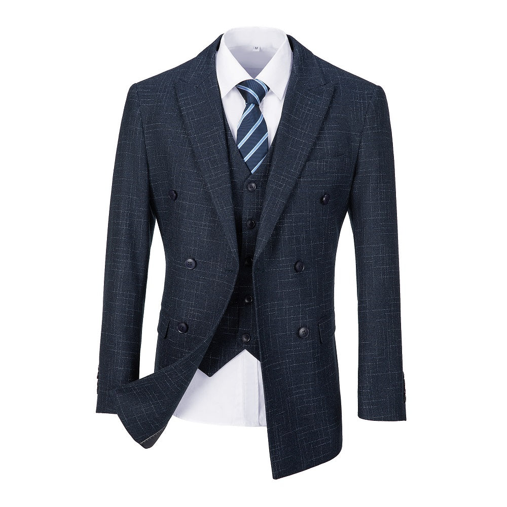 Navy Plaid Men's 3 Piece Slim Fit Suit Set Double Breasted Blazer Vest Pants for Party, Wedding and Business