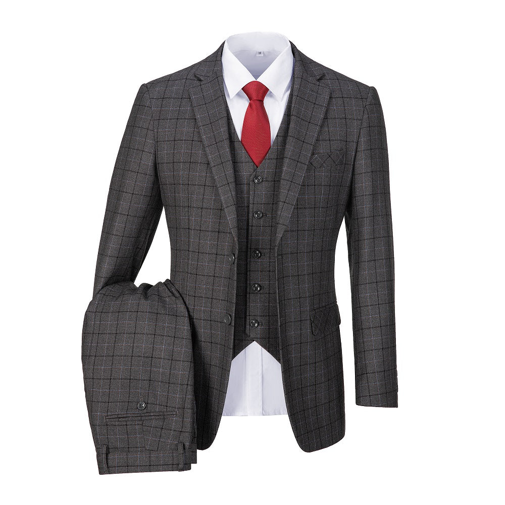 Grey Plaid Men's 3 Piece Set for Party, Wedding and Business