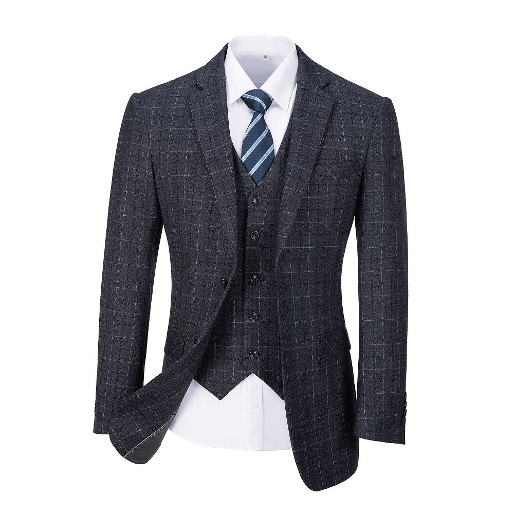 Dark Grey Plaid Men's 3 Piece Set for Party, Wedding and Business