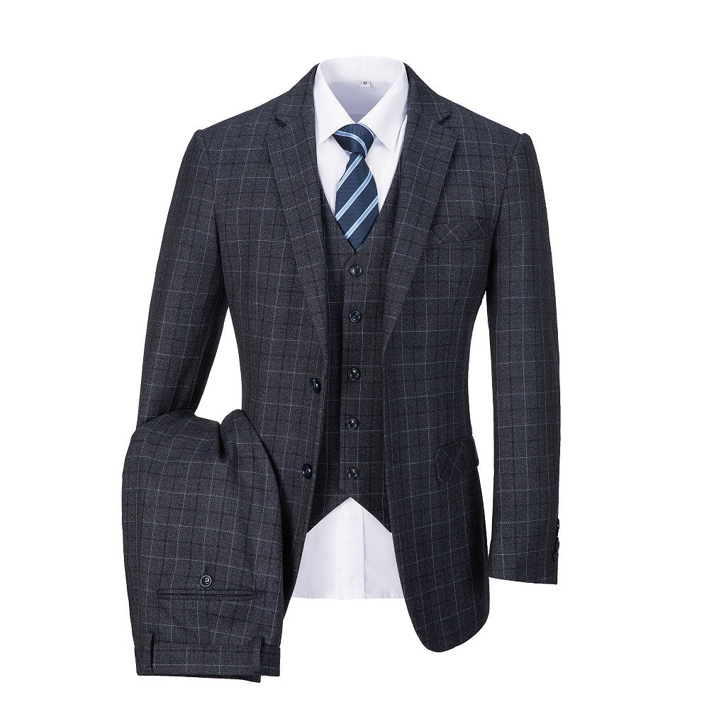 Dark Grey Plaid Men's 3 Piece Set for Party, Wedding and Business