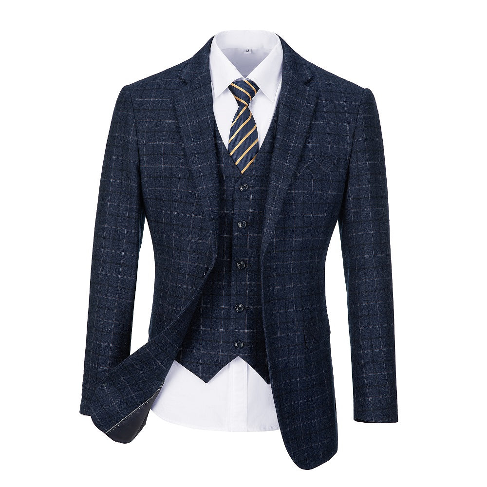 Navy Plaid Men's 3 Piece Set for Party, Wedding and Business