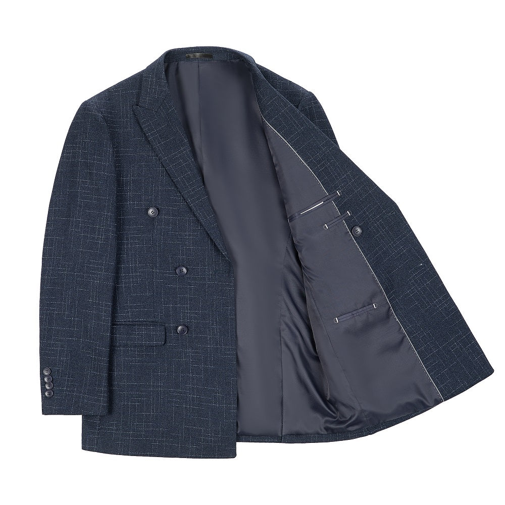 Navy Plaid Men's Double Breasted  Blazer