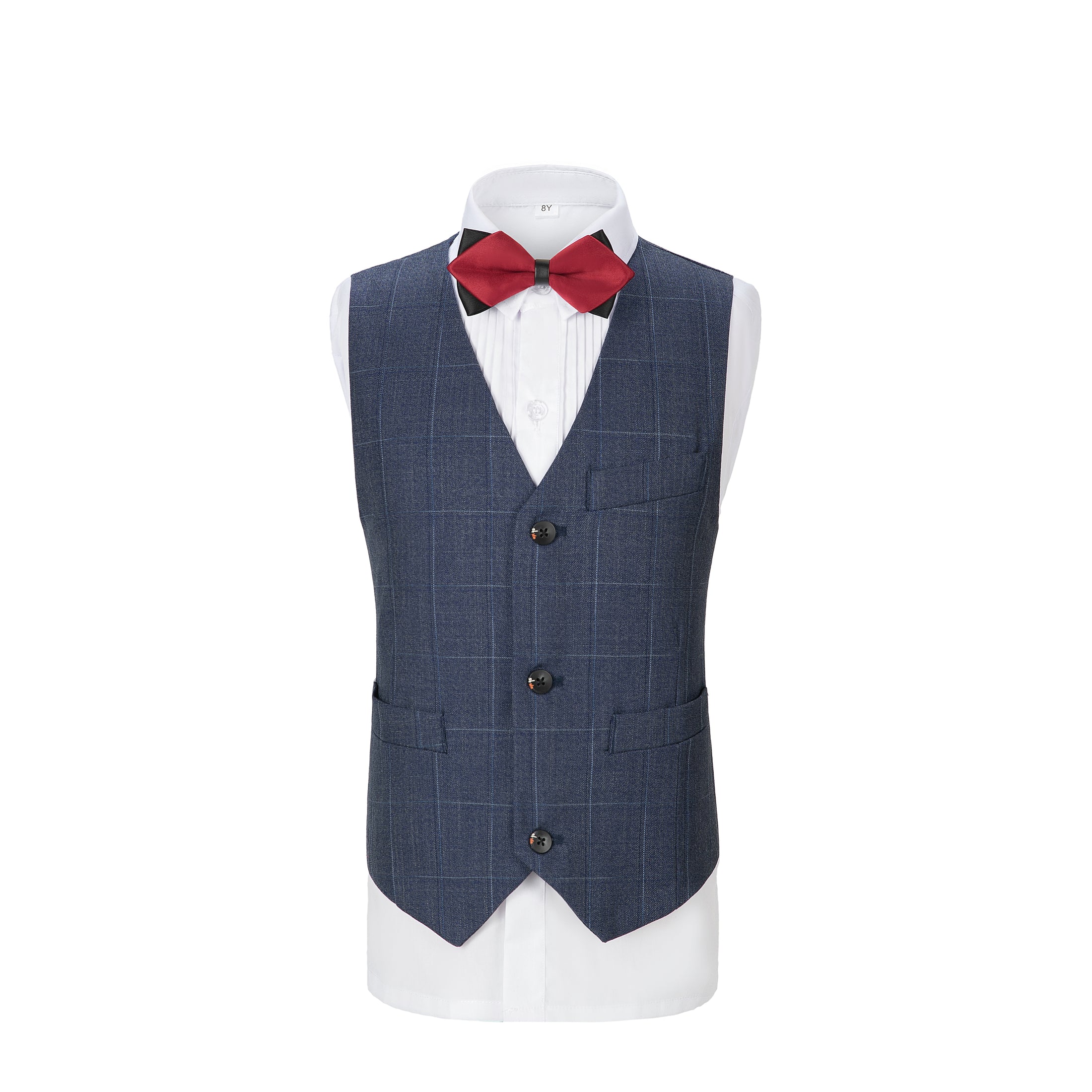 Dark Blue Plaid 3 Piece Boys Suits Blazer Vest and Pants