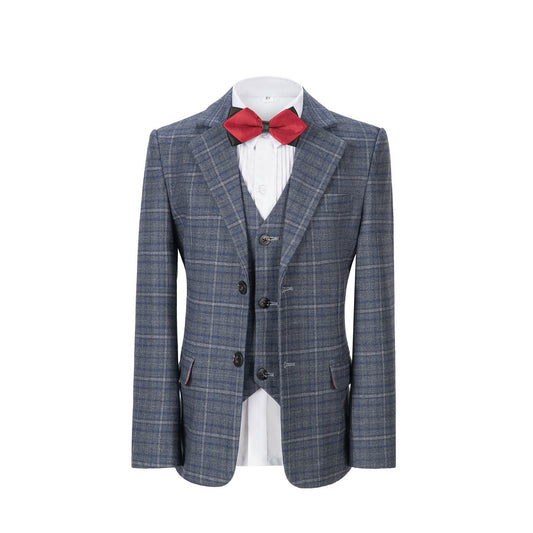 Blue-white Plaid 3 Piece Boys Suits Blazer Vest and Pants