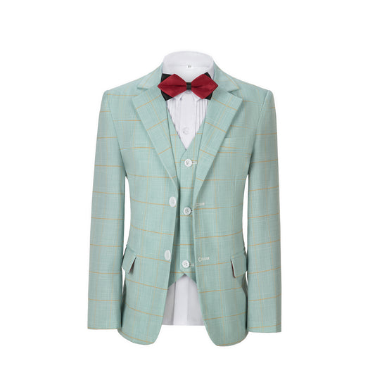 Mint Green Plaid 3 Piece Boys Suits Blazer Vest and Pants