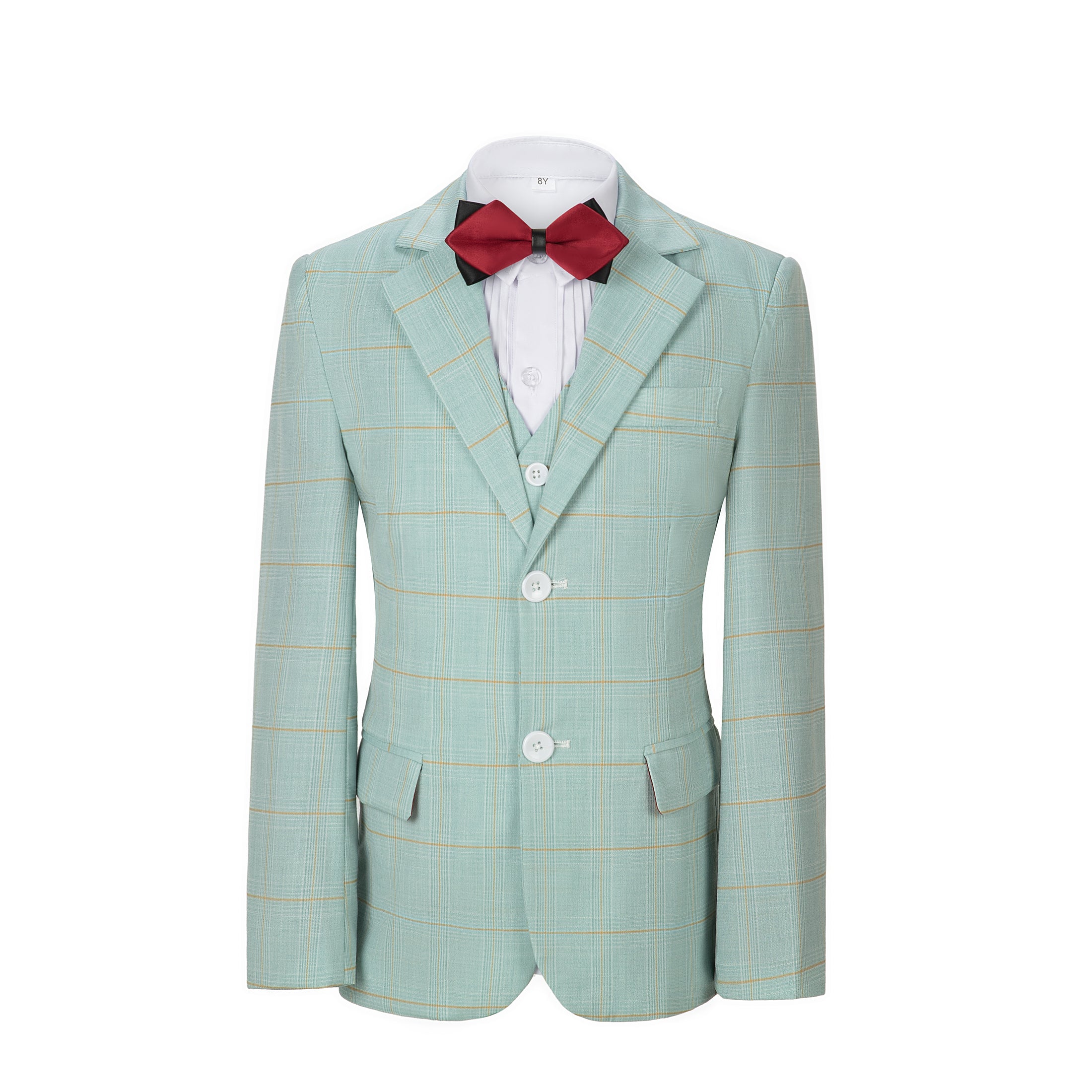 Mint Green Plaid 3 Piece Boys Suits Blazer Vest and Pants