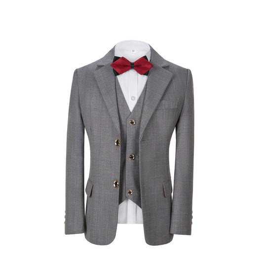 Light Grey Plaid 3 Piece Boys Suits Blazer Vest and Pants