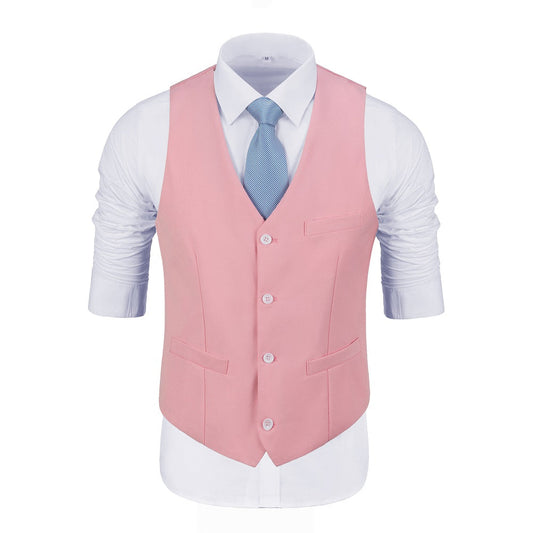 Pink Men's Suits 2 Pieces Vest+Pants Set V-Neck Slim Fit Casual Waistcoat Suit