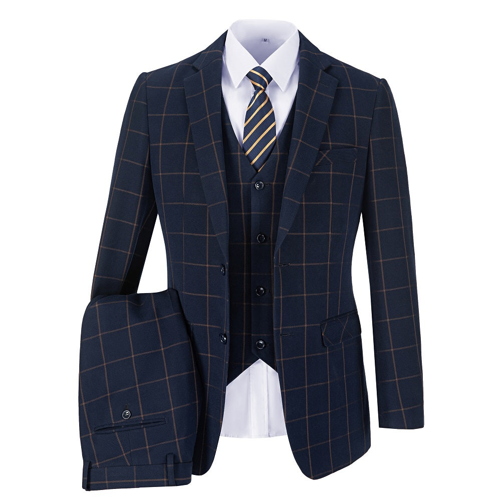 Blue Men's 3 Piece Set for Party, Wedding and Business ( Orange Plaid )