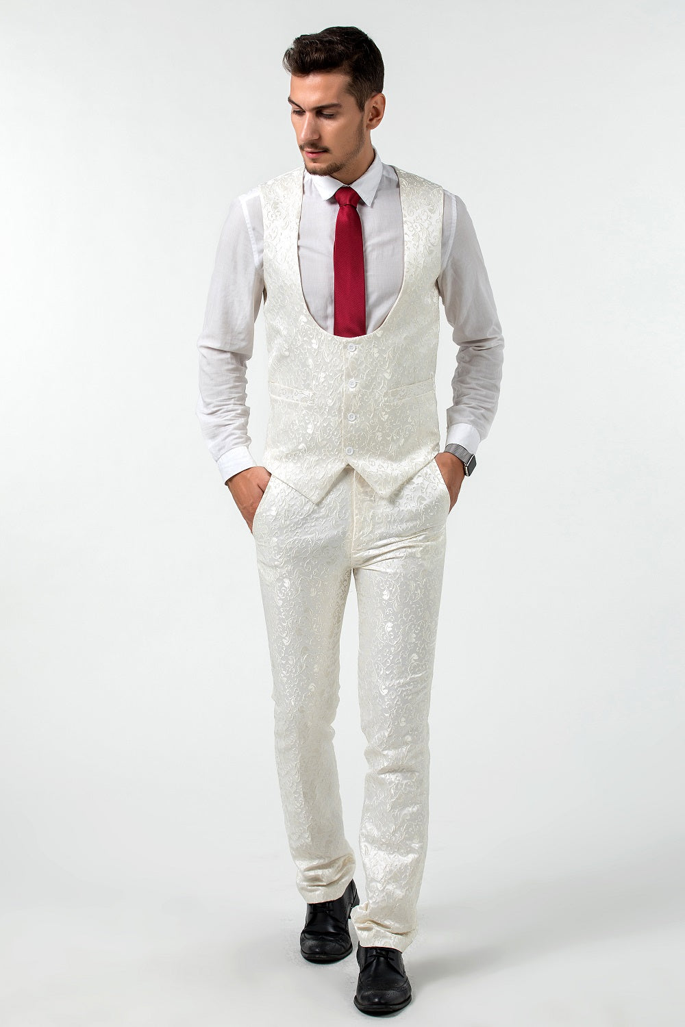 Unique Party Banquet White Navy 3 Piece Men Suits