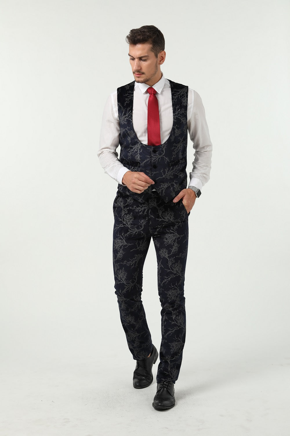 Navy Velvet Unique Patterned Party 3 Piece Men Suits