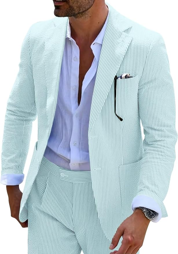 Seersucker Striped Blazer Pants 2 Piece Men's Summer Suit