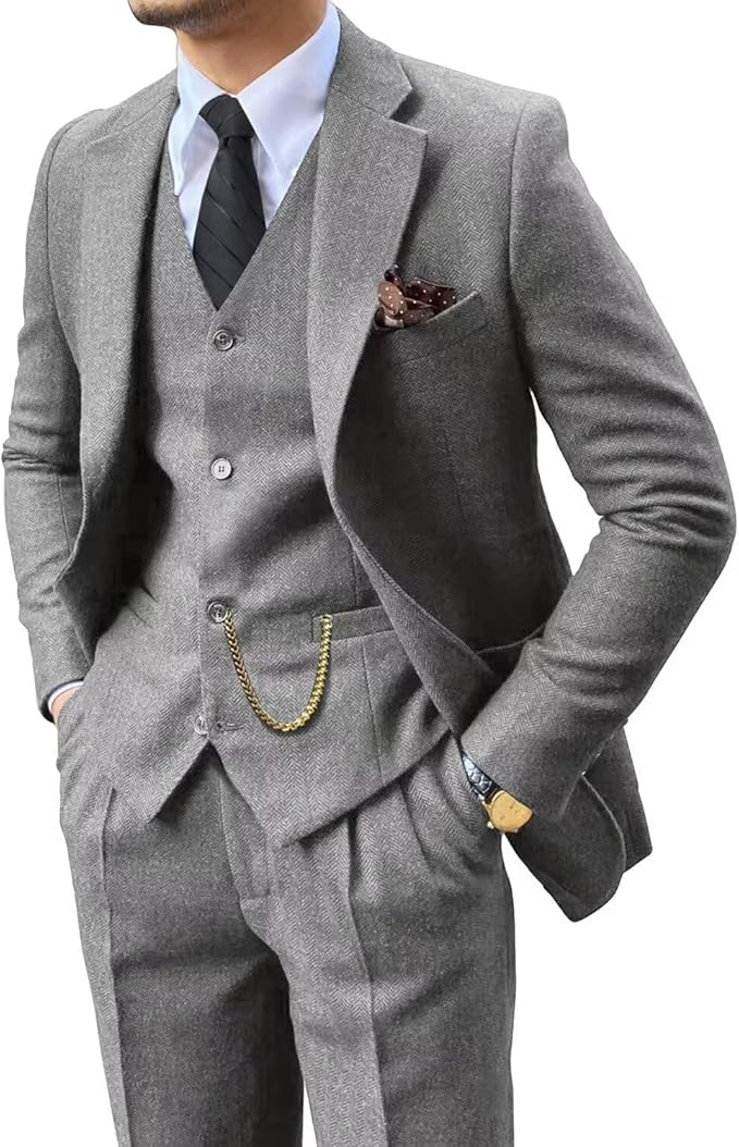 Retro Tweed Herringbone Slim Fit Notch Lapel Tuxedos Set Prom 3 Piece Men's Suit