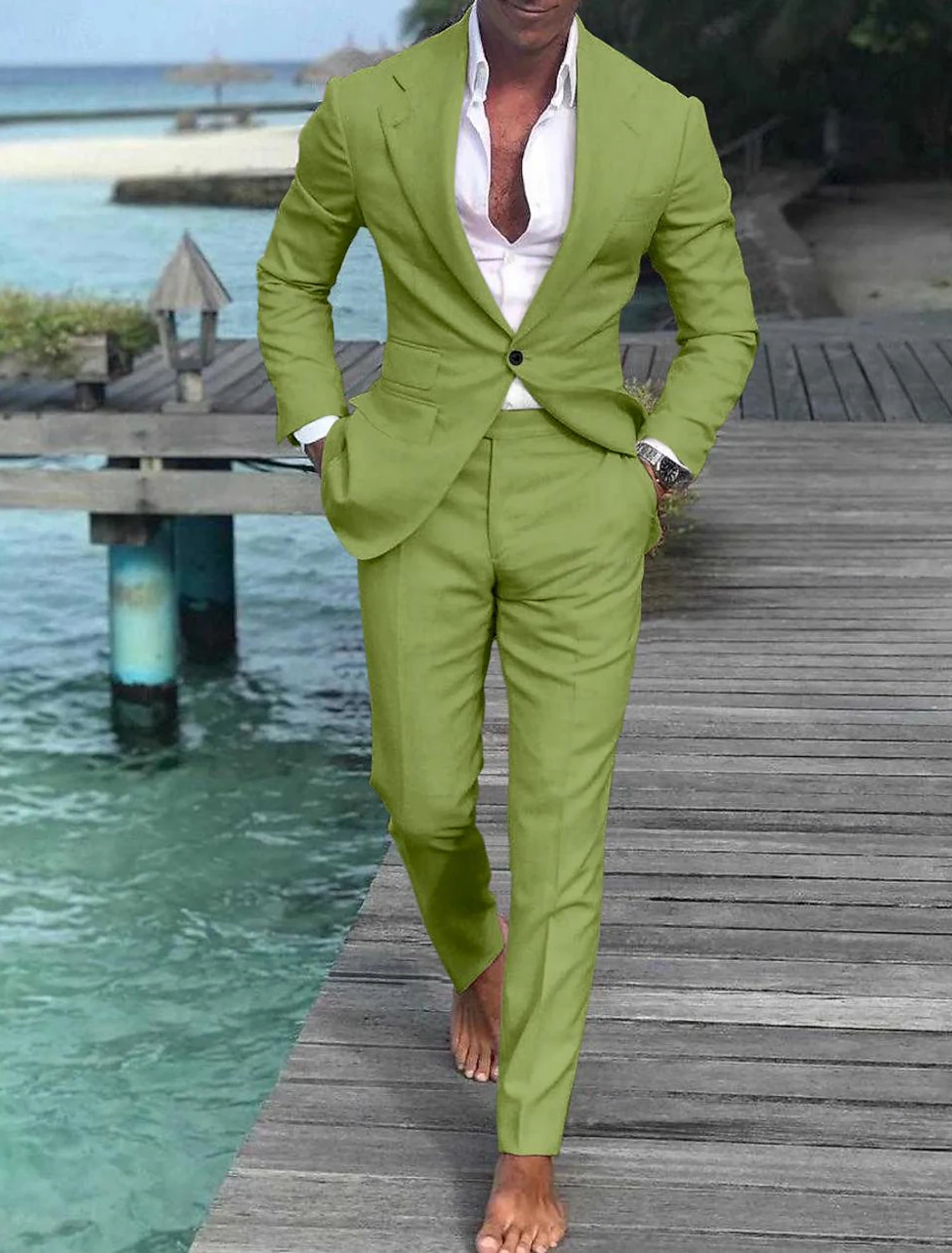 Men's Wedding Linen Beach Summer Single Breasted One-button 2 Piece Suits