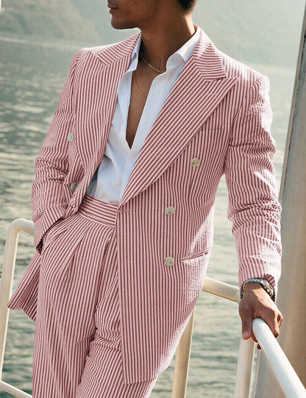 Seersucker Striped Long Blazer Pants 2 Piece Men's Summer Suit