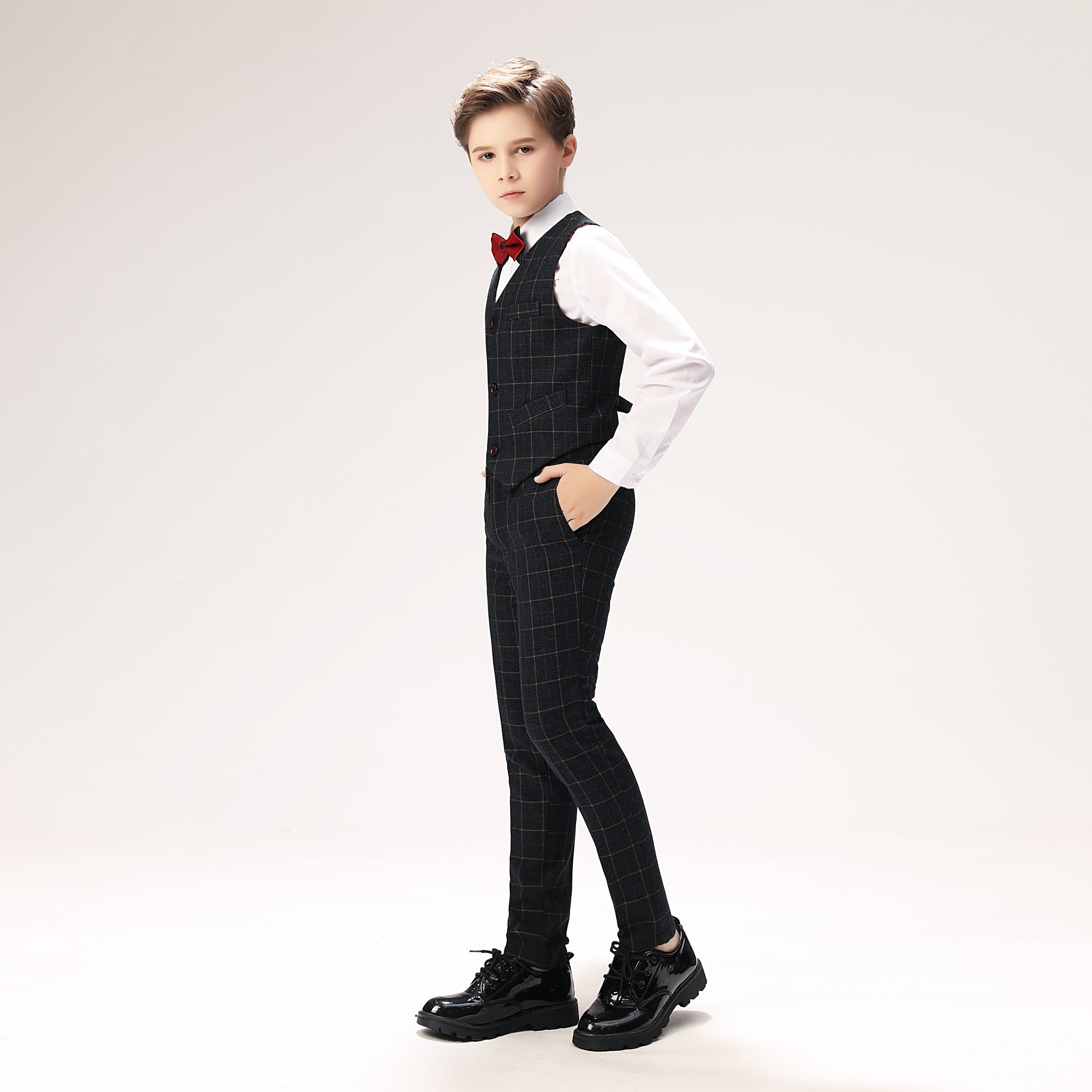 Black Plaid Elegant 5 Piece Boys Suits