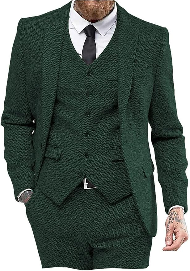 Mens Tweed Herringbone Wedding Suit Prom Tuxedos 3 Piece Peak Lapel Dress